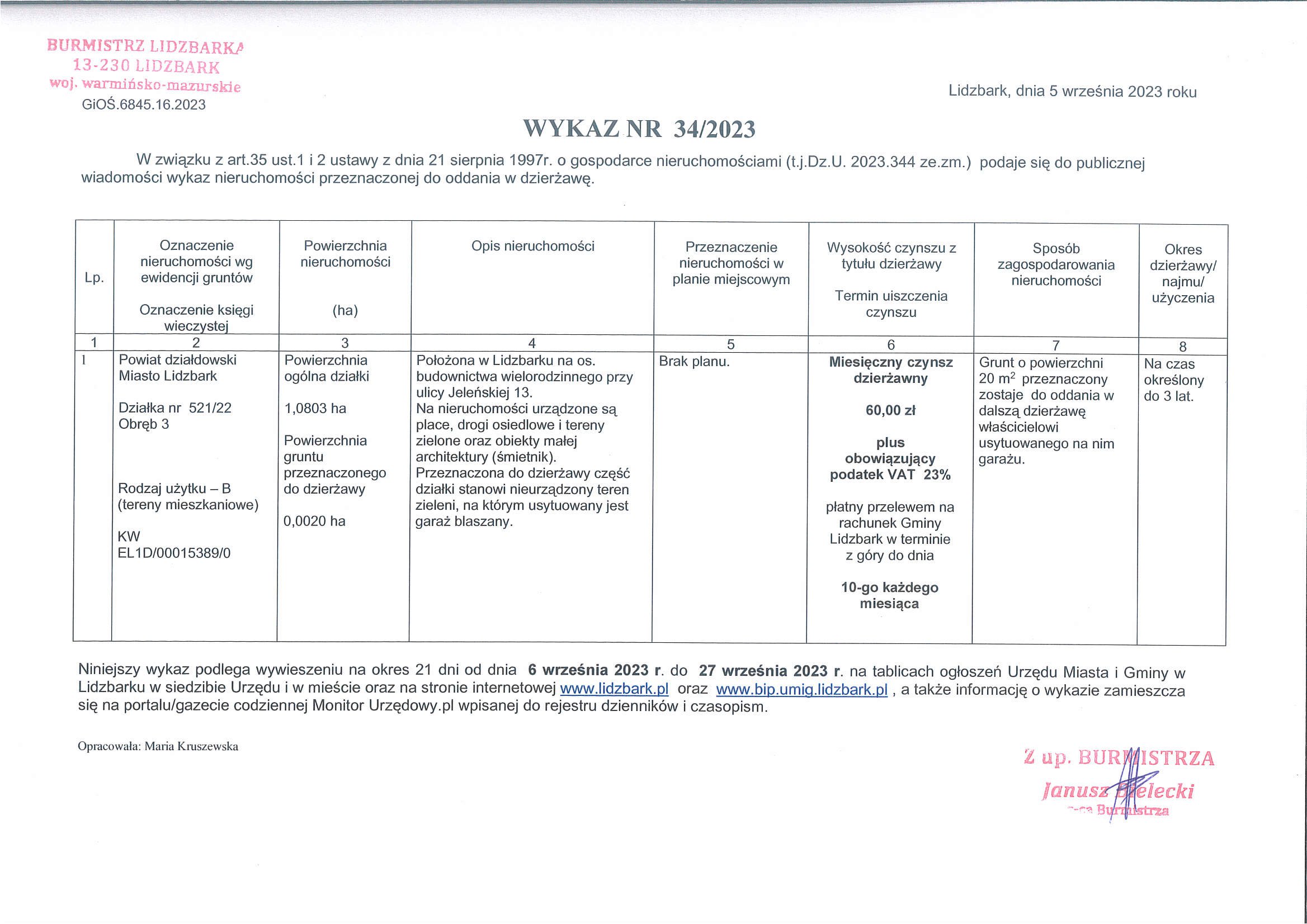 Nieruchomość gruntowa do dzierżawy - Lidzbark, ul. Jeleńska dz. nr 521/22 obr. 3